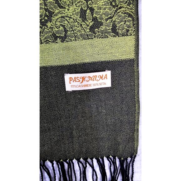 Pashmina Scarf /Wrap 70% Cashmere, 30% Silk Green Jacquard Fringe 28x72 New - Picture 6 of 6